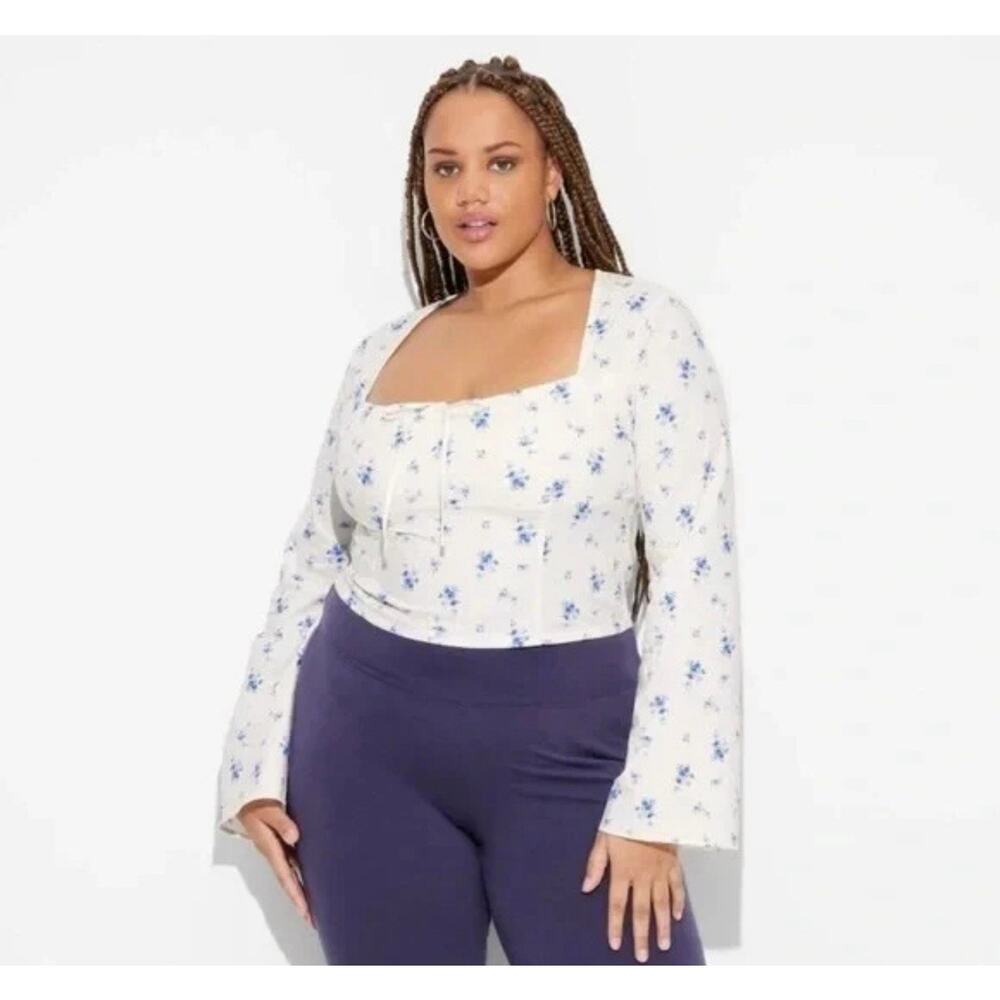 Wild Fable Women's Long Sleeve Cotton Milkmaid Top - Cream & Blue Floral 2XL